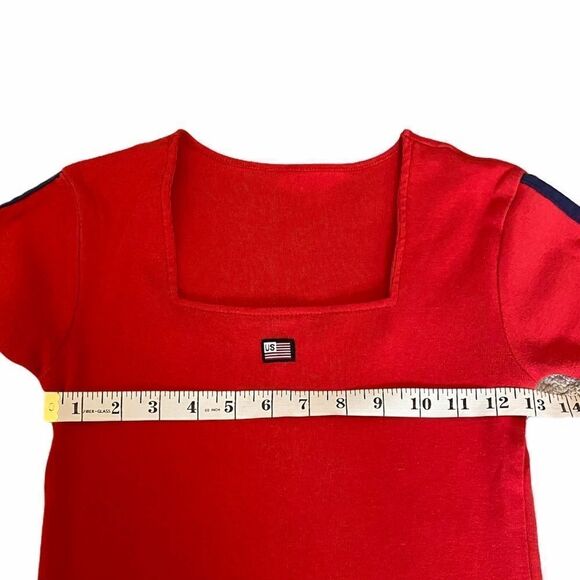 USA Red Cotton Cropped Stretch Square Neck Tee S - Picture 5 of 7